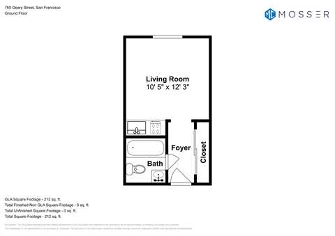Floor plan for studio, 1 bath, 239 sqft